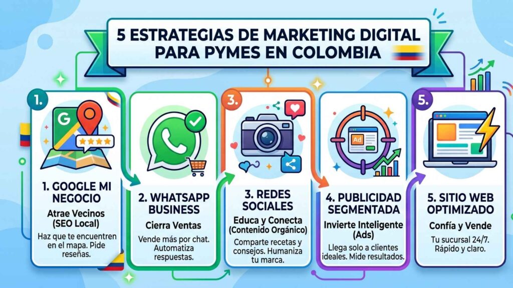Infografía paso a paso con estrategias de marketing digital para pymes en Colombia